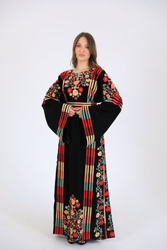 BRAND NEW unworn Palestinian Jordanian thobe as above pictures (Embroidered) Size S Bust-38 in Waist-39 in Hip-47 in Full Length-57 in Sleeve Length-24.5 in Size M Bust-41 in Waist-42 in Hip-50 in Full Length-57 in Sleeve Length-24.5 in  Size L Bust-44 in Waist-46 in Hip-51 in Full Length-57in Sleeve Length-24.5 in  Size XL Bust-47 in Waist-48 in Hip-54 in Full Length-57 in Sleeve Length-24.8 in This dress is made with top-notch materials and great attention to detail. The embroidery is done by Tatreez Dress, Jordanian Thobe, Jordanian Dress, Arabic Style, Evening Gowns Formal, Modern Cross Stitch, Embroidery Dress, Black Pattern, Dress Clothes For Women