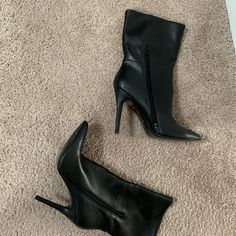 Never Worn Excellent Condition. Chic Closed Toe Mid-calf Boots For Fall, Chic Mid-calf Fall Boots, Black Closed Toe Mid-calf Boots In Faux Leather, Black Closed Toe Mid-calf Faux Leather Boots, Black Faux Leather High Ankle Heeled Boots, Black Faux Leather Mid-calf Boots Closed Toe, High Heel Faux Leather Mid-calf Boots For Office, Chic Faux Leather Heels With Zipper Closure, Black Mid-calf Boots With Zipper Closure For Party