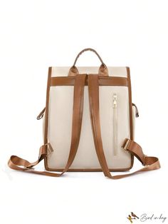 BirdinBag - Medium Flap Backpack with Colorblock Design and Buckle Accent Beige Rectangular Backpack With Large Capacity, Large Capacity Beige Rectangular Backpack, Beige Large Capacity Rectangular Backpack, Beige Rectangular Student Bag, Beige Rectangular Backpack For Back To School, Rectangular Student Backpack, Rectangular Cream Backpack For School, Square Backpack With Adjustable Strap For Travel, Trendy Cream Rectangular Backpack