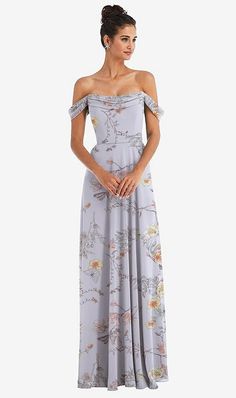 Off-shoulder Chiffon Maxi Dress For Wedding, Off-shoulder Maxi Dress For Prom, Flowy Off Shoulder Maxi Dress For Party, Off-shoulder Dress With Ruched Bodice, Flowy Off-shoulder Formal Maxi Dress, Off-shoulder Pre-draped Dress With Ruched Bodice, Off-shoulder Dress With Ruched Bodice In Pre-draped Style, Flowy Off-shoulder Maxi Dress For Formal Occasions, Pre-draped Off-shoulder Dress With Ruched Bodice