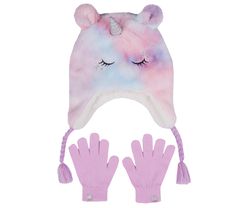 Colorful magic keeps her warm with the Skechers Plush Tie-Dye Unicorn Hat set. This adorable alpine style hat features soft tie-dye poly faux-fur with sleepy unicorn themed detail, ear flaps, braided tassel pulls, and a pair of coordinating solid color gloves. | Skechers Girl's Cold Weather Plush Tie-Dye Unicorn Hat Set | Soft poly faux fur unicorn alpine hat | Hat with faux fur lining and braided tassel pulls | Unicorn design with sculpted ears and metallic horn | Matching solid color gloves | Unicorn Hat, Cold Weather Hats, Summer Clearance Sale, Alpine Style, Football Kids, Unicorn Design, Waterproof Shoes, Slipper Sandals, Slipper Boots