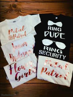 three t - shirts with the words ring out, princess, security and rose gold glasses on them