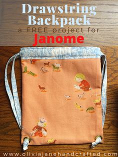 a drawstring bag is shown with the title, drawing back a free project for janome