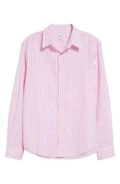 Perky pink stripes rev up your day in a cotton shirt cut in a relaxed profile aligned with new ways of working. 29 1/2" length (size Large) Front button closure Spread collar Curved hem Long sleeves with button cuffs 100% cotton Dry clean or machine wash, line dry Made in Portugal Asian & Pacific Islander Owned/Founded Pink Spread Collar Top For Daywear, Pink Cotton Sporty Shirt, Classic Pink Cotton Shirt, Classic Pink Top With Striped Collar, Preppy Pink Button-up Shirt, Pink And White Striped Shirt, Pink Cotton Shirt With Striped Collar, Pink Striped Shirt, Pink Vertical Striped Button-up Top