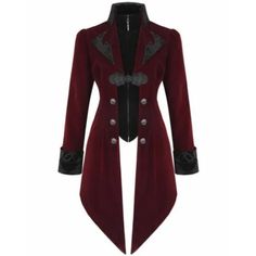 Prime Quality Handmade Gothic/Steampunk Vampire Style Mens Jacket In Deep Wine Red Velveteen Polyester Fabric. Unique Design With Contrast Black Velvet Front Cutaway, Fastening With A Zipper And Ornate Braided Chinese Knot At The Centre, Complete With Decorative Custom Buttons To Each Side. Contrast Black Velveteen Collar And Cuffs, Plus Matching Lapel Detail And Buttoned Tab Panel To The Back Finished Perfectly With Decorative Button Detailing! 100% Velveteen Polyester, Fully Lined In Sateen Po Gothic Stand Collar Outerwear For Costume Party, Gothic Stand-collar Outerwear For Costume Party, Gothic Outerwear With Stand Collar For Costume Party, Vampire Style Long Sleeve Outerwear For Costume Party, Steampunk Outerwear For Costume Party In Winter, Steampunk Winter Outerwear For Costume Party, Steampunk Outerwear For Costume Party, Fitted Vampire Style Outerwear For Cosplay, Vampire Style Winter Costume Outerwear