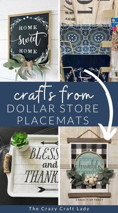 some crafts from dollar store placemats are featured in this postcard collage