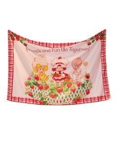 a pink and red banner with two girls in the garden on it, saying friends and fun together