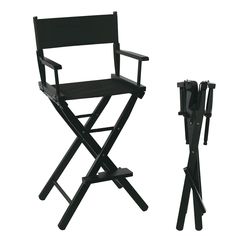 a black director's chair next to a folding armrest and footstool