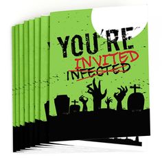 a set of six green halloween party cards with the words you're arrived in red