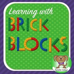 the words learning with brick blocks are displayed in front of a purple and green background