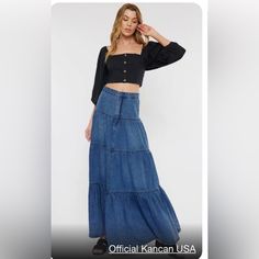 Enhance The Look Of Your Everyday Wardrobe With This Stylish Maxi Skirt. The Perfect Skirt For A Picnic. Maxi Skirt With Block Detail, Ruffled Hem. Features A Narrow Cut That Sits Close To The Body, No Pocket Design, And Single Button Closure With A Zip Fly. Dark Wash. 32in Waist Circumference (Approx). No Stretch Approx Length Waist To Hem 42in. 99% Cotton 1% Spandex Brand New W Tag. A11 Dark Wash High Rise Casual Maxi Skirt, Casual High Rise Dark Wash Maxi Skirt, Casual Wide Leg Dark Wash Maxi Skirt, Casual Medium Wash Relaxed Maxi Skirt, Casual High Waist Denim Blue Maxi Skirt, Casual Tiered Denim Skirt, Casual High Rise Medium Wash Maxi Skirt, Casual Denim Maxi Skirt In Medium Wash, Fitted Dark Wash Casual Maxi Skirt