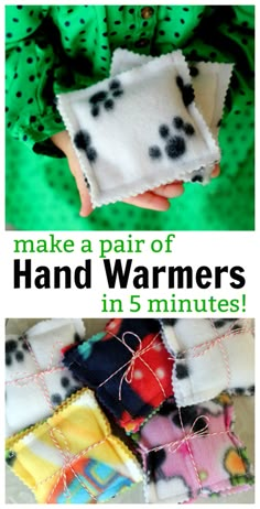 an image of hand warmers with text overlay that reads make a pair of hand warmers in 5 minutes