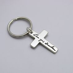 "Silver Cross Pendant Keychain Personalized With Your Actual Handwriting - This silver cross keychain is completely personalized with YOUR handwriting and is the newest member of my Love Notes Collection! This design is made with sterling silver and includes 1 handwriting cross keychain. The cross in the photos measures approximately 1-1/4\" and your keychain will include a 7/8\" steel split key ring. The space for the handwriting is quite small, so please keep this in mind when choosing your wr Personalized Silver Keychain For Personal Use, Personalized Silver Keychain, Fingerprint Keychain, Cross Keychain, Memorial Keychain, Engraved Handwriting, Pendant Keychain, Silver Keychain, Custom Cross