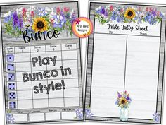 two calendars with flowers on them and the words play bunco in style