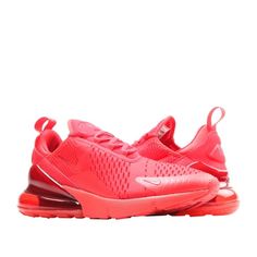 The Nike Air Max 270 Lifestyle Shoe is inspired by two icons of big Air: the Air Max 180 and Air Max 93. The AM 270 is Nike's biggest heel Air unit yet for a super-soft ride that feels as impossible as it looks. The Air Max 270 unit, and its subsequent shoe, is the first 100-percent lifestyle Air shoe - designed with the same rigor as sport performance but for the demands of all-day wear. *** Final Sale - No Refunds, Exchanges Or Cancellations *** Features: - Knit upper with no-sew overlays for Red Sports Sneakers With Translucent Outsole, Red Sneakers With Air Cushioning For Jogging, Red Nike Air Max For Sports With Boost Midsole, Red Nike Air Max With Boost Midsole, Nike Air Max Red With Cushioned Footbed, Red Nike Air Max With Boost Midsole For Sports, Red Nike Air Max For Running With Branded Insole, Red Nike Air Max Low-top With Boost Midsole, Red Nike Air Max With Round Toe