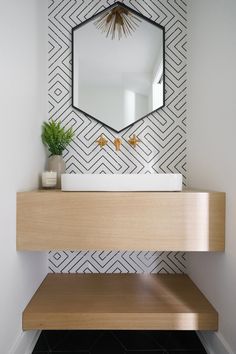 a bathroom sink with a mirror above it and a plant on the counter top next to it