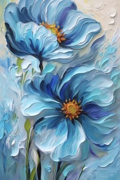 three blue flowers are shown in this painting