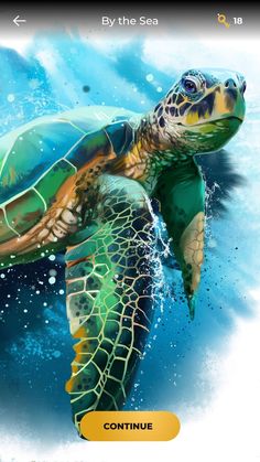 a green turtle swimming in the ocean with blue water and bubbles on it's back