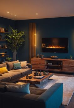 a living room filled with furniture and a flat screen tv mounted on a wall above a fire place