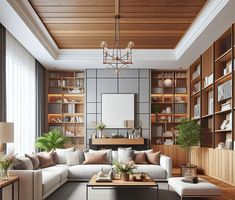 a living room filled with lots of furniture and bookshelves next to a window