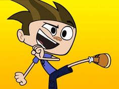 a cartoon character holding a baseball bat in one hand and wearing a blue shirt on the other