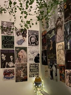 a bunch of posters are hanging on the wall next to a lamp and some plants