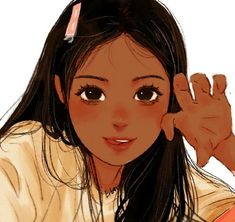 a drawing of a girl with long hair and brown eyes holding her hand up to her ear