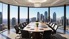 an empty conference room with large windows overlooking the city