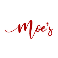 the word moe's written in red ink on a white background