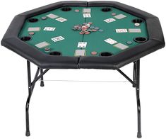 a black table with poker chips and cards on it, in front of a white background