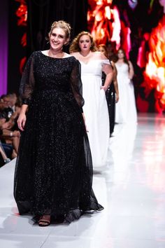 model walking runway in glittery black wedding gown Horsehair Braid, Skirt Flowy