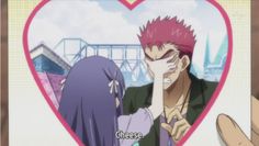 two anime characters are kissing in front of a heart