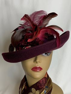 Deep Plum Burgundy Customized hat. For any event, Church, Kentucky derby, Tennis match, Christmas gift, Easter hat, Mothers Day, Tea Party. Free scarf if shown in picture. Custom Fitted Top Hat For Kentucky Derby, Custom Formal Hat With Short Brim, Fitted Wide Brim Hat For Vintage Events, Custom Formal Hat For Kentucky Derby, Custom Fitted Brimmed Top Hat, Custom Hat For Kentucky Derby, Bespoke Flat Brim Hat, Victorian Short Brim Hat For Vintage Events, Fitted Fedora For Vintage Events