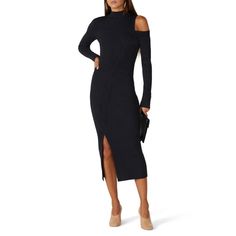 Grey knit (45% Cotton, 30% Nylon, 25% Wool). Sweater. Long sleeves. Turtleneck with cutout. 44" from shoulder to hemline. Imported. Stretch Off-shoulder Midi Dress For Fall, Fitted Midi Dress With Cutaway Shoulders For Spring, Spring Fitted Midi Dress With Cutaway Shoulders, Fitted Cold Shoulder Fall Dress, Stretch One-shoulder Midi Dress For Fall, Fall One-shoulder Stretch Midi Dress, Fall One Shoulder Stretch Midi Dress, Fitted Cold Shoulder Midi Dress For Date Night, Fitted Cold Shoulder Midi Dress For Night Out