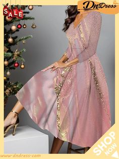 Women's Red Christmas Party Dress Sparkly Christmas Dressparty Dress Cocktail Dress Pink Wine Red 3\/4 Length Sleeve Plaid Pocket Deep V Fashion Winter Dress Elegant Pink Holiday Dress For Festive Occasions, Pink A-line Dress For Party Season, Winter A-line Midi Dress For Night Out, Knee-length Party Dresses For Winter, Glamorous Knee-length Winter Dresses, Pink Holiday Dress For Christmas Party, Fitted Long Sleeve Christmas Holiday Dress, Long Sleeve Holiday Dress For Christmas Party, Pink Holiday Dresses For Festive Occasions