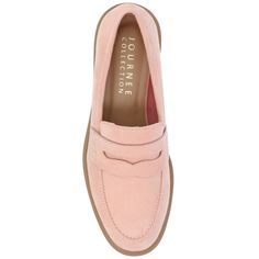 Step into timeless elegance with the Raichel loafer flat from Journee Collection, featuring a versatile almond toe and a comfortable 1-inch block heel. Crafted with faux leather uppers, these flats boast a slip-on closure for convenience and a classic design. The fabric lining, along with the 4 mm Tru Comfort Foam™ footbed and man-made outer sole, ensures a stylish and comfortable stride for any occasion. Pink Flat Heel Loafers For Workwear, Classic Pink Loafers With Round Toe, Classic Pink Loafers For Work, Pink Flats For Work, Pink Flats With Flat Heel For Work, Pink Round Toe Flats For Work, Pink Flat Heel Flats For Work, Pink Closed Toe Flats For Work, Pink Slip-on Flats For Work