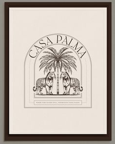 a black and white drawing of two tigers under a palm tree with the words casca pama on it