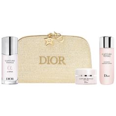 A rejuvenating gift brings together an intensive lotion, an anti-aging serum, and a wrinkle-correcting crème in a gold DIOR pouch.Skin Type: Normal, Dry, Combination, and Oily Skincare Concerns: Fine Lines and Wrinkles, Pores, and DrynessWhat Else You Need to Know: This is a complete, youth-revealing skincare routine. The three skincare essentials housed within this holiday gift set are infused with hyaluronic acid and longoza extract from the DIOR gardens, visibly firming the skin and enhancing radiance.This Set Contains:- 1.7 oz/ 50 mL Capture Totale Le Serum- 0.5 oz/ 15 mL Capture Totale Firming and Wrinkle-Correcting Cream- 1.7 oz/ 50 mL Capture Totale Intense Essence Lotion Dior Skincare, Dior Capture Totale, Anti Aging Skincare Routine, Christian Dior Paris, Creme Anti Age, Dior Paris, Perfume Floral, Dior Makeup, Skincare Gift Set