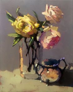 a painting of some flowers in a vase