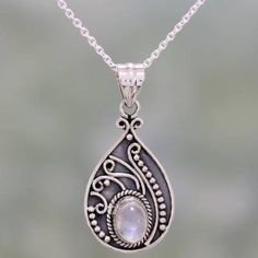 Rainbow Moonstone and Sterling Silver Pendant Necklace - Raindrop Glow | NOVICA Soldered Jewelry, Moonstone Pendant Necklace, Rainbow Moonstone Necklace, Rainbow Moonstone Pendant, Silver Earrings Handmade, Keepsake Jewelry, Moonstone Necklace, Moonstone Pendant, Sterling Silver Necklace Pendants