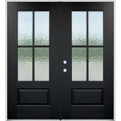 a black double door with frosted glass on the front and side doors to both sides