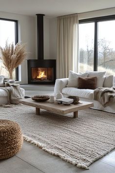 a living room filled with furniture and a fire place in the middle of the room