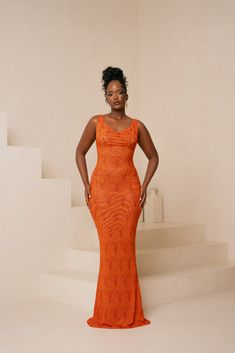 IZA ORANGE COWL MAXI DRESS Brown And Orange Outfit, Dress Styling, Ruffle Maxi Dress, Orange Outfit, Cascading Ruffles, Brown And Orange, Queen Dress, Infinity Dress, Scarf Top