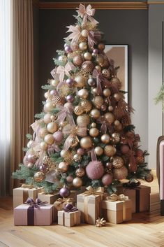 a christmas tree decorated with gold and pink balls, bows, and presents under a window