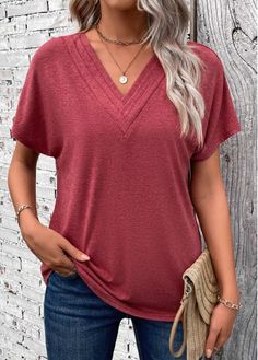 Color:Brick Red;Size:S;Size:M;Size:L;Size:XL;Size:XXL;Package Contents:1 X T Shirt;Occasion:Other;Style:Casual; Red Solid Color V-neck Top, Burgundy V-neck Top For Summer, Red Relaxed Fit V-neck T-shirt, Red Stretch V-neck T-shirt, Summer Burgundy V-neck Top, Burgundy V-neck Summer Top, Casual Red Solid Color Tops, Short Sleeve Burgundy Tops For Summer, Burgundy Short Sleeve Tops For Spring