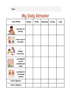 the daily behavior chart for students to use in their class or classroom, with pictures on it