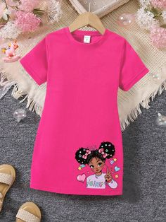 Young Girl Fashionable And Cute Short Sleeve T-Shirt Dress With Bowknot And Little Girl Print Hot Pink Casual  Short Sleeve Knitted Fabric Cartoon,Figure,Letter Tee Slight Stretch  Young Girls Clothing, size features are:Bust: ,Length: ,Sleeve Length: Girls Prints, Cute Shorts, T Shirt Dress, Women Clothes Sale, T Shirts, Girls Dresses, Shirt Dress, Sleeve Length, Girl Outfits