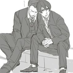 two men in suits sitting on a bench