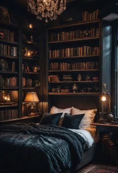 a large bed sitting in front of a window next to a book shelf filled with books