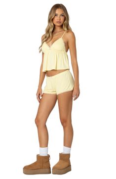 Lace trim and a dainty bow at the waist put a playful retro spin on these stretchy shorts. Elastic waist 95% rayon, 5% spandex Machine wash, dry flat Imported Retro Pajamas, Cute Pyjamas, Yellow Pajamas, Visionary Fashion, Babydoll Tank Top, Yellow Clothes, Stretchy Shorts, Babydoll Tank, Lace Trim Shorts